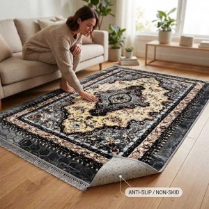 خانمی نشسته روی مبل در حال لمس پتوفرش و روفرشی بسیار نرم با لایه زیرین ترمزدار